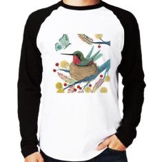 Camiseta Raglan Beija Flor No Ninho Manga Longa - Foca na Moda, Branco