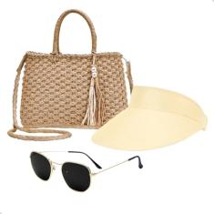 Kit Bolsa de Palha Feminina + Viseira Para Sol + Óculos de Sol Para Praia Verão Moda (Bege+Preto)
