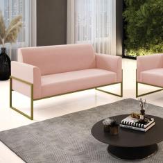Sofá Namoradeira Base Industrial Alta Dourado Marisa Veludo Rosê - DRo