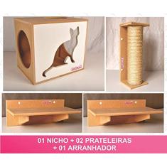 Kit 01 Nicho Gatos + 02 Prateleiras+ 01 Arranhador - Cj 04 pçs