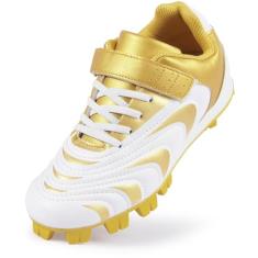 CAMVAVSR Chuteiras de beisebol unissex infantis para meninos e meninas moldadas de borracha para crianças pequenas, tênis juvenil, fácil de usar, calçados esportivos, Dourado, 17