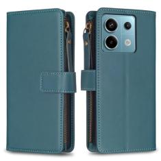 Capa com alça de pulso para Xiaomi Redmi Note 13 Pro 4G, 9 compartimentos para cartão, 1 carteira de couro com zíper, função de suporte, fecho magnético, capa para celular compatível com Redmi Note 13
