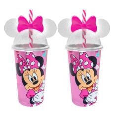 Kit Com 2 Copos Da Minnie Rosa Com Orelhas E Canudo 500ml - Plasútil, 