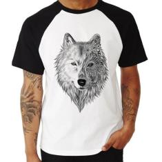 Camiseta Raglan Lobo Mandala - Foca na Moda, Branco, Preto, M