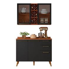 Armário de Cozinha Compacta 4 Portas 3 Gavetas Vidro Reflecta com Adega 1,20m Favorita Preto/nature