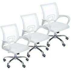 Kit 3 Cadeiras de Escritório Mesh Assento Estofado Base Giratória 9050 - Branca