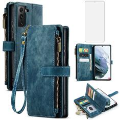 Asuwish Capa de telefone para Samsung Galaxy S21 Plus Glaxay S21+ 5G capa carteira e protetor de tela de vidro temperado flip porta-cartões acessórios para celular Gaxaly S21+5G S21plus 21S + S 21 21+