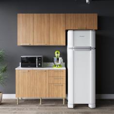 Cozinha Compacta Dália 200cm 3 Peças, 6 Portas e 3 Gavetas com Divisor de Talheres e Tampo Cz1102 Freijó/Branco