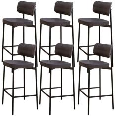 Kit 06 Banquetas Alta Bar Cozinha Sala De Jantar Aço Preto Kaira C01 Linho Preto - Lyam Decor