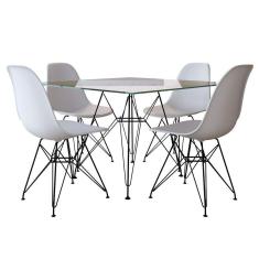 Mesa De Jantar Quadrada Vidro 90Cm Com 4 Cadeiras Brancas Base Ferro Preto Cor: Preto