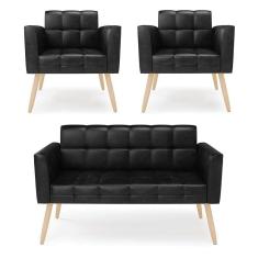 Kit 1 Sofá Namoradeira E 2 Poltronas Elisa Corano Pés Palito Natural - D`rossi Cor Preto
