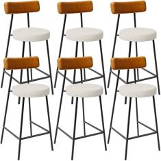 Kit 06 Banquetas Baixa Cozinha Sala Jantar Milão L02 Couríssimo Whisky Linho Champagne - Lyam Decor