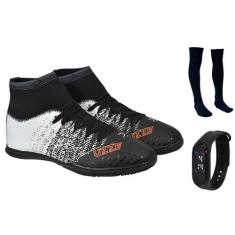 Chuteira Futsal Botinha  Cano Alto Adulto Costurada + Meião e Relógio 