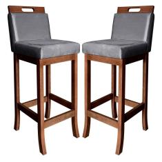Kit 2 Banquetas Média para Cozinha Milão Madeira Castanho Suede Cinza CCS