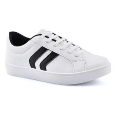 Tenis Slip On Branco Godiva Tiras Preto-Feminino
