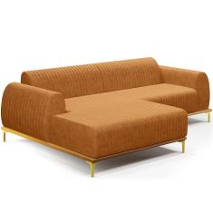 Sofá 3 Lugares com Chaise Esquerdo Para Sala de Estar Molino 230cm D02 Base Castanho Pés D`ouro Couríssimo Whisky B-90 - Lyam Decor