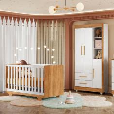 Quarto de Bebê Guarda Roupa 3 Portas e Berço Mini Cama 100% MDF Nina  Amadeirado/Branco