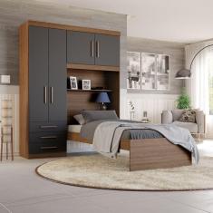 Guarda-Roupa Solteiro com Cama Solteiro 4 Portas 3 Gavetas Advantage Ipê Wood/Grafite