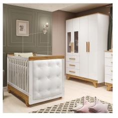 Quarto de Bebê Berço com Capitonê e Guarda-roupa com Janelas 100% Mdf Retrô Kakau Espresso Móveis Branco Brilho/Amêndoa/Branco