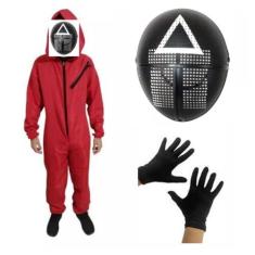 Fantasia Round 6 adulto Macacão mascara e luva preta festa halloween -