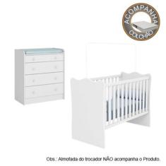 Quarto de Bebê Berço Colchão Light e Cômoda Doce Sonho Branco Qmovi Or