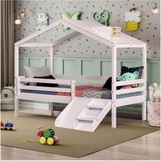 Cama Infantil Prime com Telhado Claraboia e Kit Escadinha Casatema Branco/Marroml