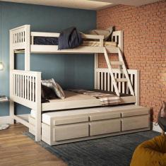 Treliche com Cama de Casal Branco Lavado c/ Cama Auxiliar 3 Gavetas Madeira Pinus - Saraiva