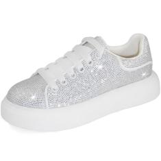 MISSMILLER Tênis feminino moderno casual com strass e plataforma brilhante com cadarço, Branco, 36
