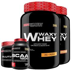 KIT 2x Whey Protein Waxy Whey 2kg + Glutamina 500g + BCAA 1800 120 Cápsulas - Bodybuilders (Cappuccino e Paçoca)