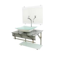 Gabinete de vidro 70cm iqx inox com cuba retangular - mármore branco -