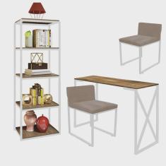 Kit Escritório Bex 2 Cadeiras Corino Bege com 1 Mesa e 1 Livreiro Ferro Branco mdf Freijó - Ahazzo Móveis