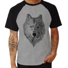 Camiseta Raglan Lobo Mandala - Foca na Moda, Cinza, Preto, M