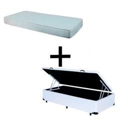 Cama Box Baú Solteiro 88 - Tecido Sintético Branco com Colchão Munique Bello Box - 100% Espuma - D33 Branco 55x88x188