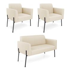 Sofá Namoradeira e 2 Poltronas Pé de Ferro Preto Marisa Linho Bege D03 - D`Rossi