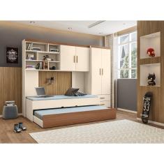 Jogo de Quarto Chiara 4 Peças - Off White Amadeirado - Roupeiro 2 portas, Módulo Aéreo e Cama com Auxiliar - Phoenix Bab