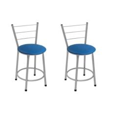 Kit 2 Banquetas Baixas Prata com Encosto Assento Azul - Fortmix