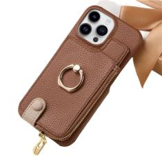 Carteira de couro com zíper com porta-cartão capa de telefone para iPhone 13 12 Mini 15 14 11 Pro Max XS XR X 7 8 Plus Ring Kickstand Cover, marrom, para iPhone 13