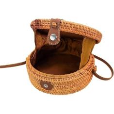 Bolsa De Bambu Redonda Feminina Com Alça Fixa Transversal Forrada Verão