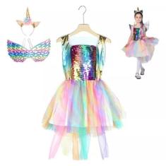 Fantasia Unicórnio Infantil Asa Metalizada E Tiara Meninas Colorida - 
