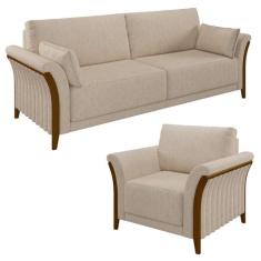 Kit Sofá Living 3 Lugares e Poltrona 102cm Pés Madeira Roya M22 Linho 