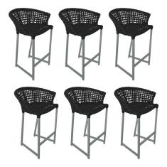 Kit 6 Banquetas Reis Em Corda Náutica E Base Em Alumínio Cinza Para área Gourmet Externa Preta Preto