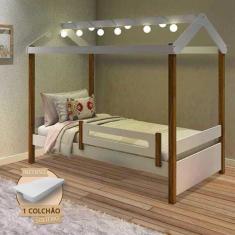 Cama Montessoriana Solteiro Casinha Eliz Com Led Grade De Proteção E Colchão Branca/Mel