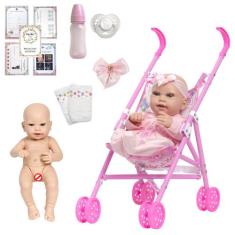 Boneca Reborn Recem Nascida Com Chupeta 14 Itens Carrinho - Cegonha Re