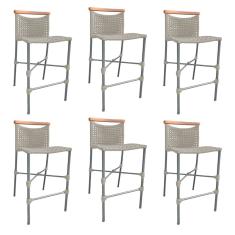 Kit 6 Banquetas Anne em Corda Náutica Base em Alumínio Cinza com Detalhe em Madeira Areia