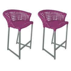 Kit 2 Banquetas Reis em Corda Náutica e Base em Alumínio Cinza para Área Gourmet - Externa Rosa