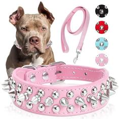 Coleira de couro cravejada com guia, coleiras para cães de couro de poliuretano para Pit Bull, coleira de gato de couro durável com cravejado para raças pequenas, médias e grandes, melhor presente para coleira de rebite para animais de estimação