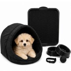 Kit Cama Toca Iglu Pet Médio Sanitário Comedouro Coleira Bolinha - Sup
