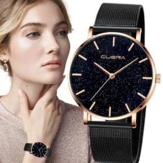 Relógio Feminino Preto Rosê Pulseira Aço Luxo Elegante-Feminino