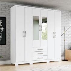 Guarda-roupa Solteiro 6 Portas 3 Gavetas com Espelho Caju Branco