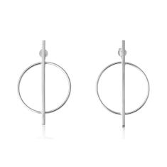 Brinco Grande Com Circulo E Fio No Meio Folheado Em Ródio Branco [F027]